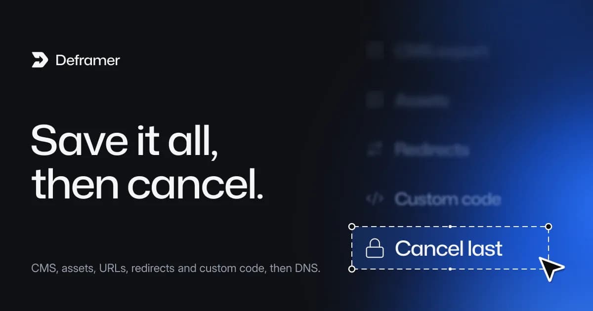 Deframer cover: “Save it all, then cancel.” Beside it, a list of CMS export, Assets, Redirects, Custom code and Cancel last with Cancel last selected
