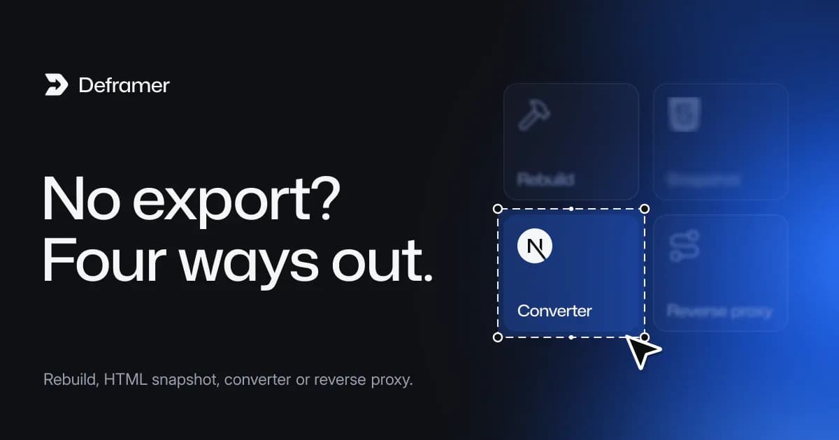 Deframer cover: “No export? Four ways out.” Beside it, four tiles, Rebuild, Snapshot, Converter and Reverse proxy, with Converter selected