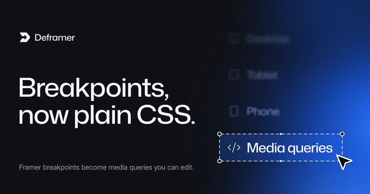 Deframer cover: “Breakpoints, now plain CSS.” Beside it, a list of Desktop, Tablet, Phone and Media queries with Media queries selected