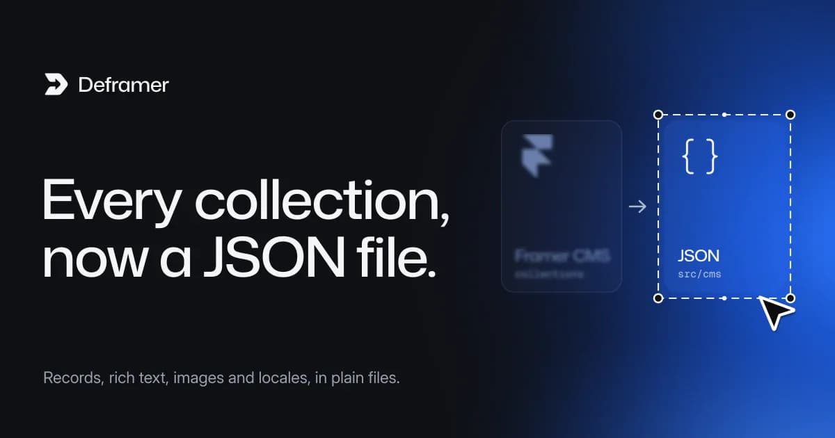 Deframer cover: “Every collection, now a JSON file.” Beside it, two cards, Framer CMS to JSON, with JSON selected