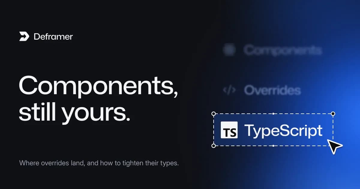 Deframer cover: “Components, still yours.” Beside it, a list of Components, Overrides and TypeScript with TypeScript selected