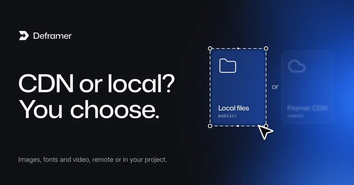 Deframer cover: “CDN or local? You choose.” Beside it, two cards, Local files or Framer CDN, with Local files selected
