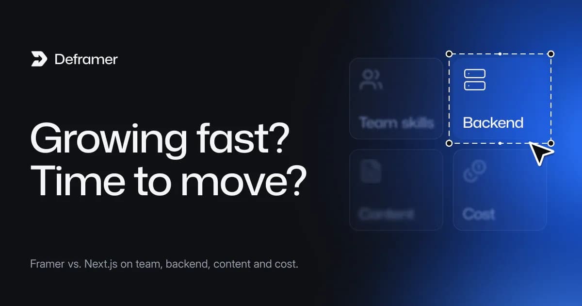 Deframer cover: “Growing fast? Time to move?” Beside it, four tiles, Team skills, Backend, Content and Cost, with Backend selected