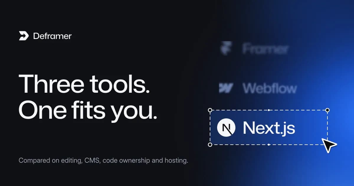 Deframer cover: “Three tools. One fits you.” Beside it, a list of Framer, Webflow and Next.js with Next.js selected
