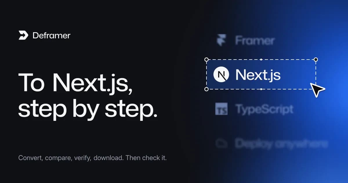 Deframer cover: “To Next.js, step by step.” Beside it, a list of Framer, Next.js, TypeScript and Deploy anywhere with Next.js selected