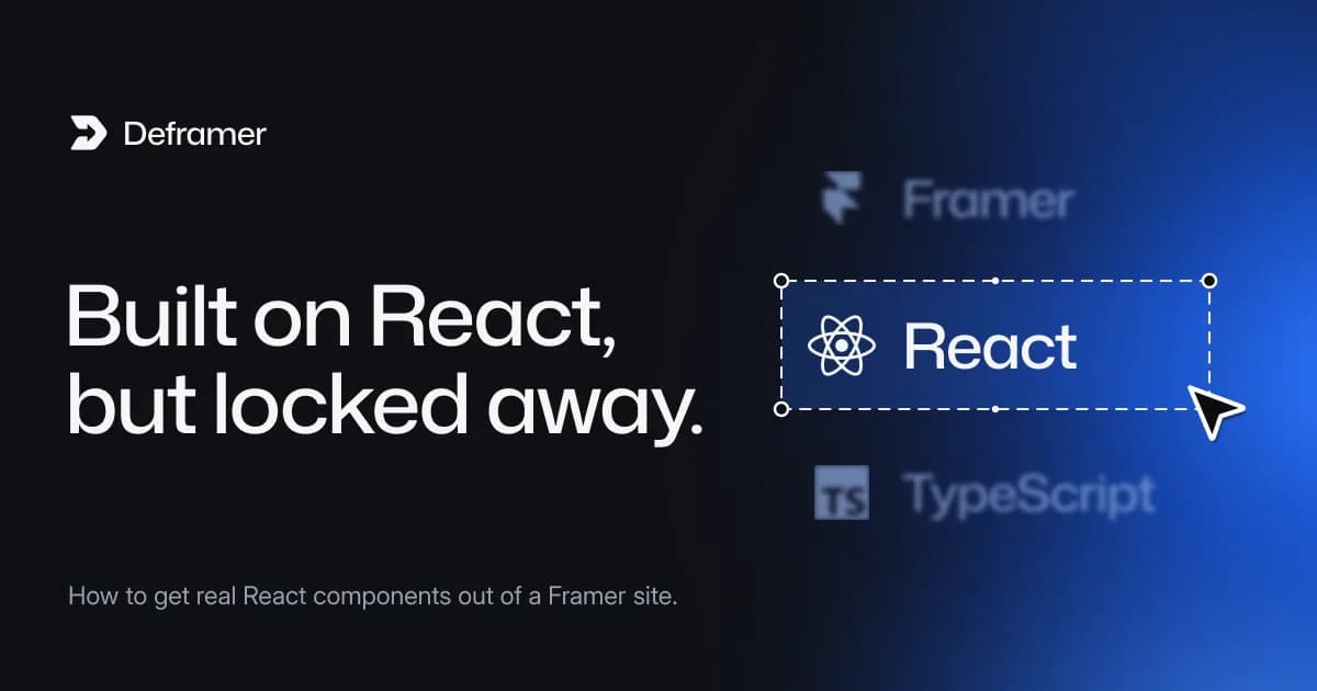 Deframer cover: “Built on React, but locked away.” Beside it, a list of Framer, React and TypeScript with React selected