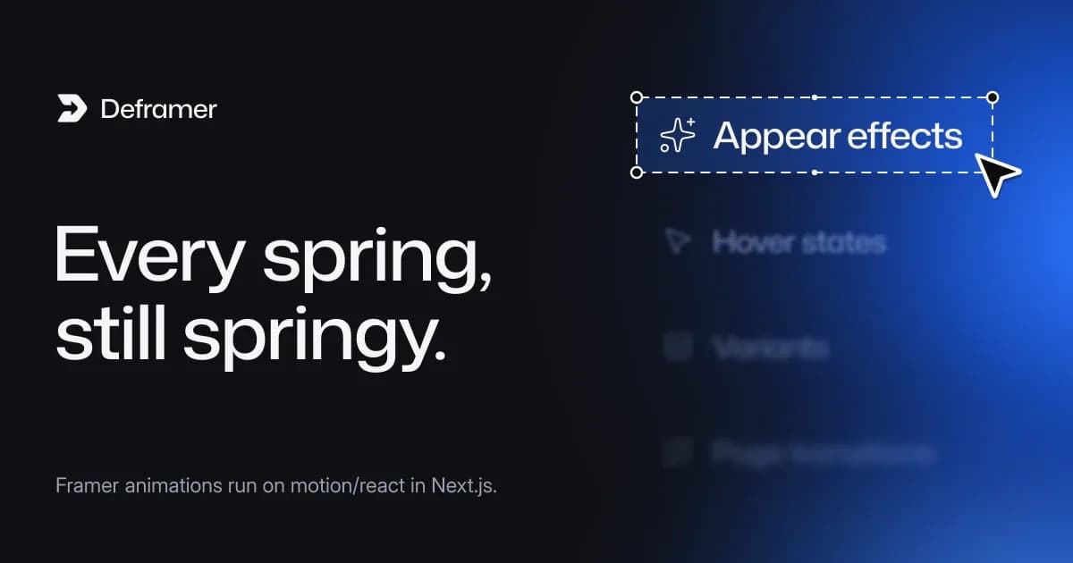 Deframer cover: “Every spring, still springy.” Beside it, a list of Appear effects, Hover states, Variants and Page transitions with Appear effects selected