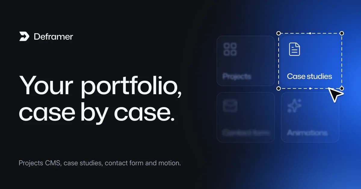 Deframer cover: “Your portfolio, case by case.” Beside it, four tiles, Projects, Case studies, Contact form and Animations, with Case studies selected