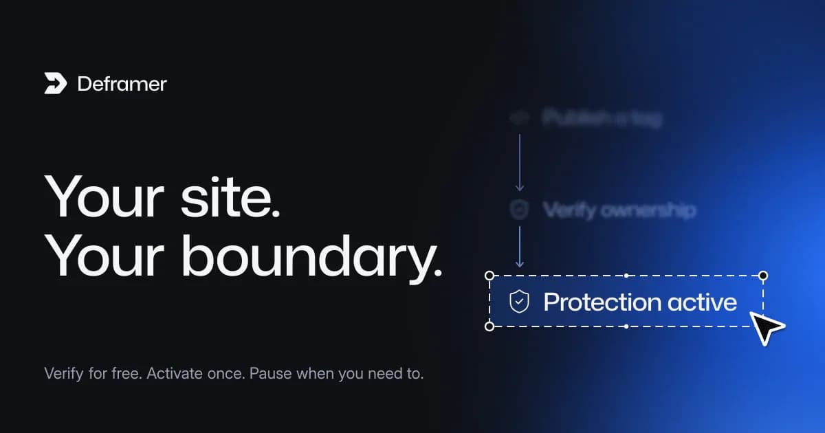 Deframer cover: “Your site. Your boundary.” Beside it, a list of Publish a tag, Verify ownership and Protection active with Protection active selected