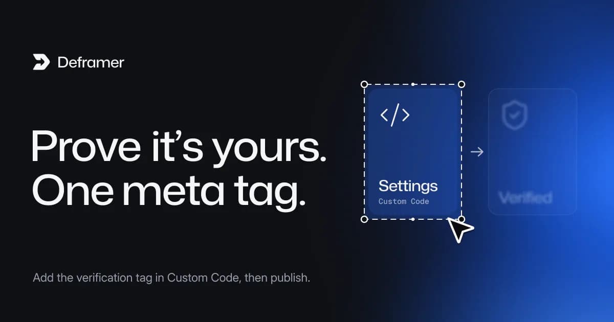Deframer cover: “Prove it’s yours. One meta tag.” Beside it, two cards, Settings to Verified, with Settings selected