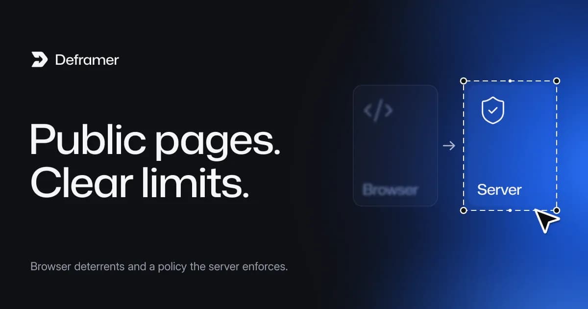 Deframer cover: “Public pages. Clear limits.” Beside it, two cards, Browser to Server, with Server selected
